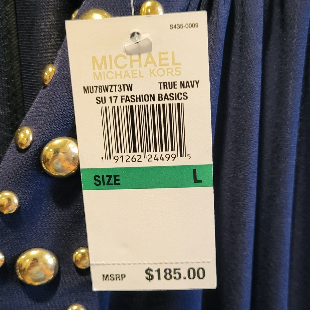 MICHAEL Michael Kors Split Neck Dome Studded Band Mini Dress Navy Gold Sz Large - Picture 6 of 7